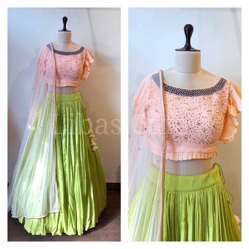 Peach And Olive Green Lehenga