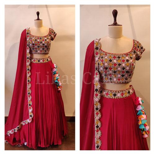 Red Scalloped Multicolored Lehenga