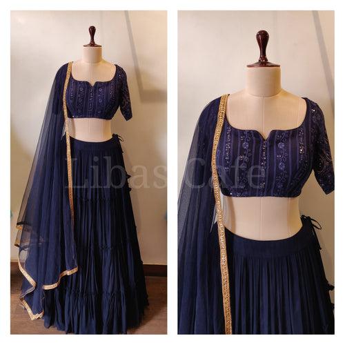 Navy Blue Lakhnavi Blouse And Gathered Lehenga