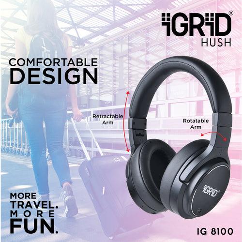 iGRiD Hush Active Noise Cancelling Over-Ear Bluetooth Headphones Black |IG-8100|