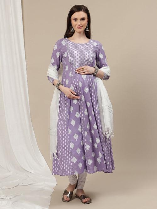 3pc. Maternity Anarkali Kurti + Churidar + Dupatta Set