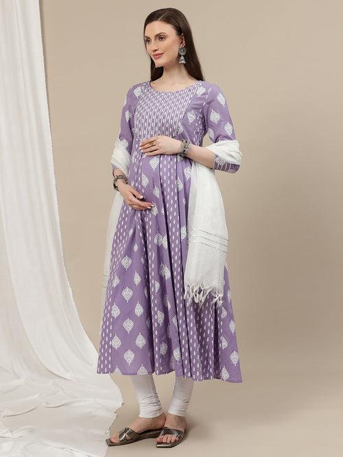 3pc. Maternity Anarkali Kurti + Churidar + Dupatta Set