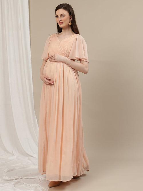 Peach Maternity Pleated Gown