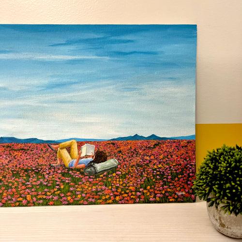 Reading on the flower field - Painting