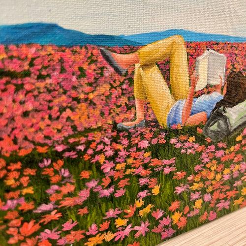 Reading on the flower field - Painting