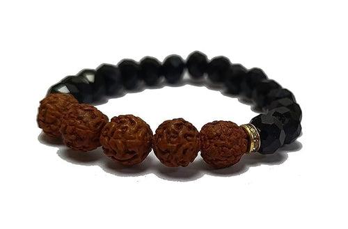 Rudraksha & Black Obsidian Diamond Cut Bracelet - 8mm Beads