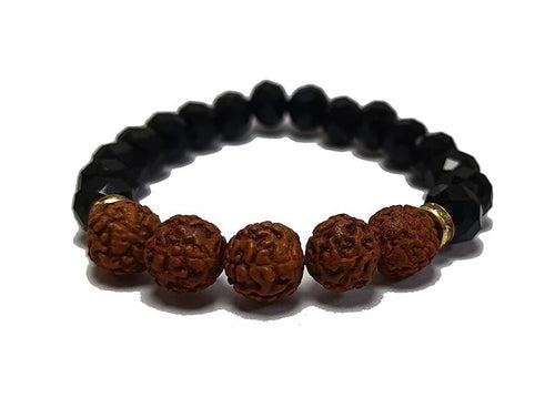 Rudraksha & Black Obsidian Diamond Cut Bracelet - 8mm Beads