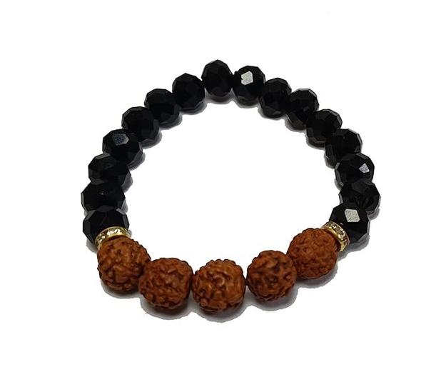 Rudraksha & Black Obsidian Diamond Cut Bracelet - 8mm Beads