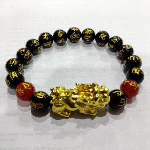 Om Mani Padme Hum Black Obsidian Red Onyx Stone With Gold Plated Pi Yao Pixiu Feng Shui Bracelet For Meditation Spiritual Healing Reiki 10MM