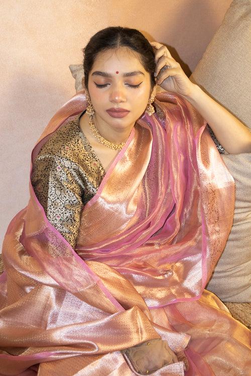 Powder Pink Pure Banarasi Tissue Saree