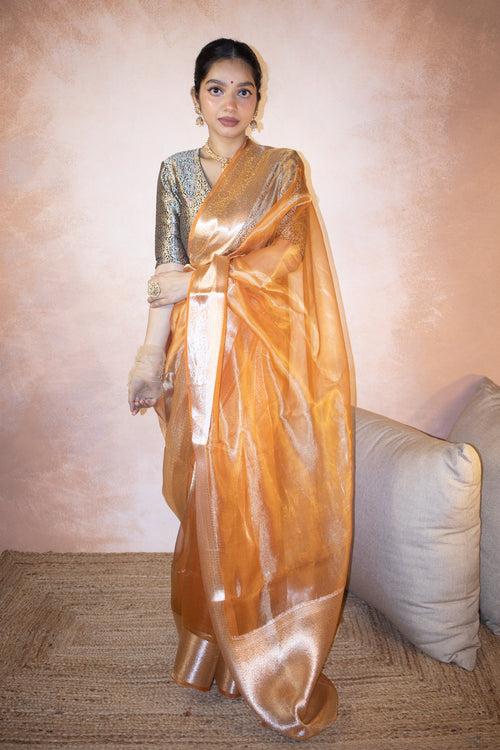 Orange Pure Banarasi Tissue Saree