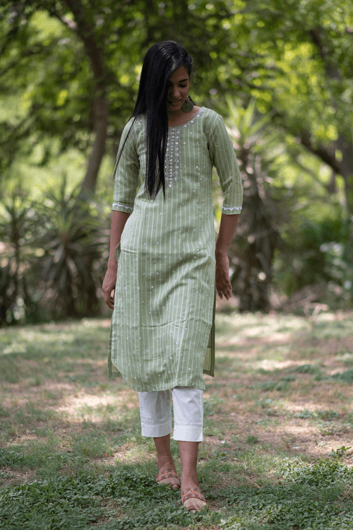 Pastel Green Embroidered Silk by Cotton Kurti