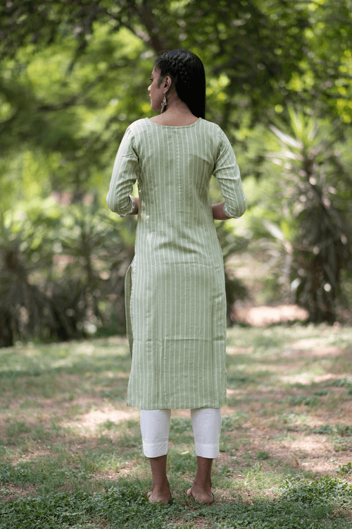 Pastel Green Embroidered Silk by Cotton Kurti