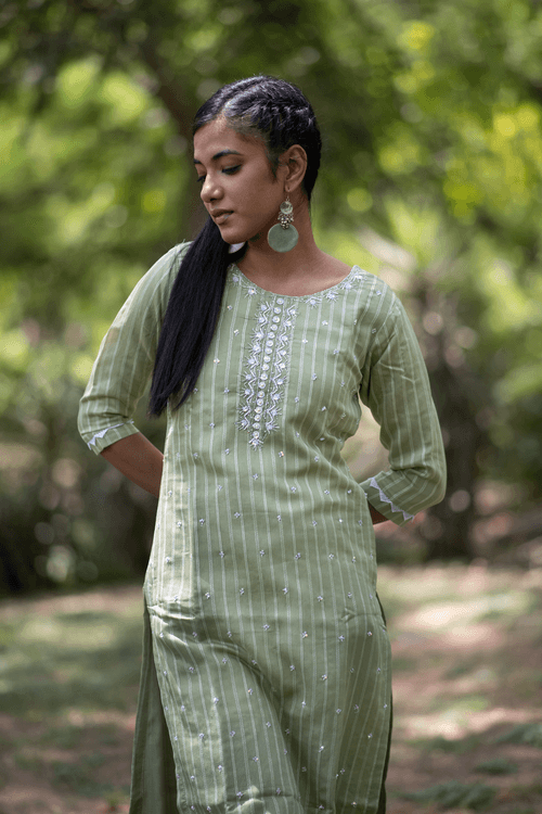 Pastel Green Embroidered Silk by Cotton Kurti