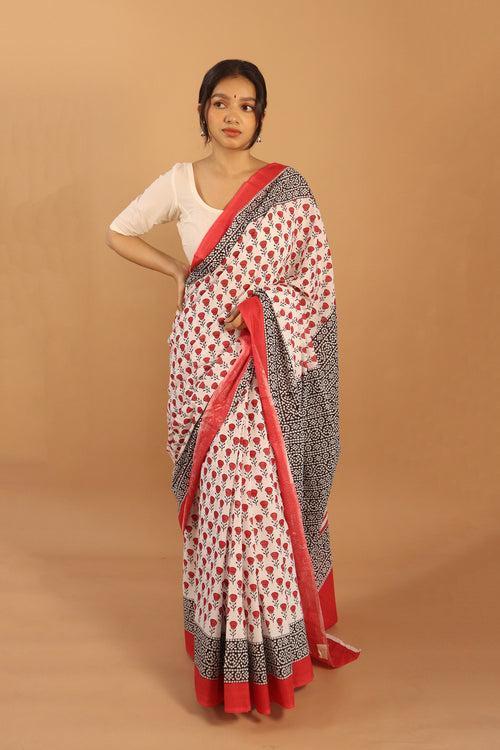 Block Printed Red-White Cotton Saree