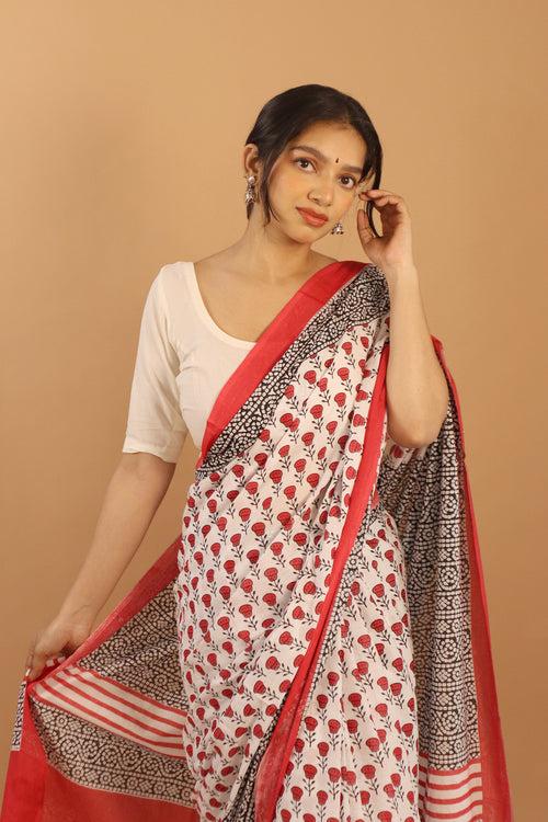 Block Printed Red-White Cotton Saree