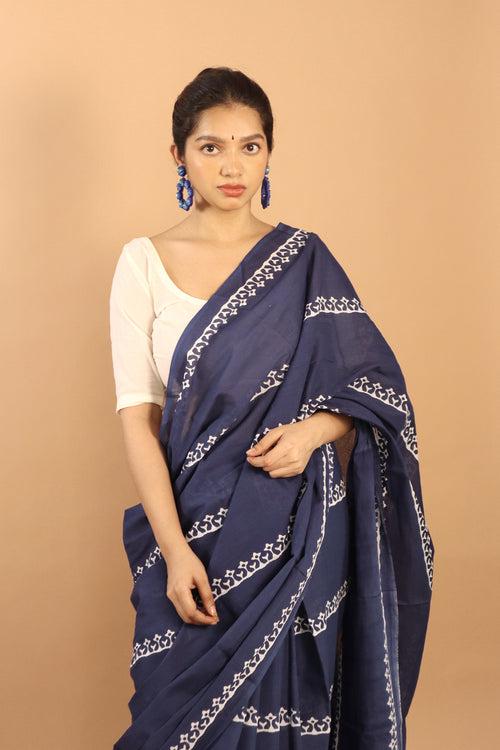 Block Printed Blue Stripe Cotton Saree