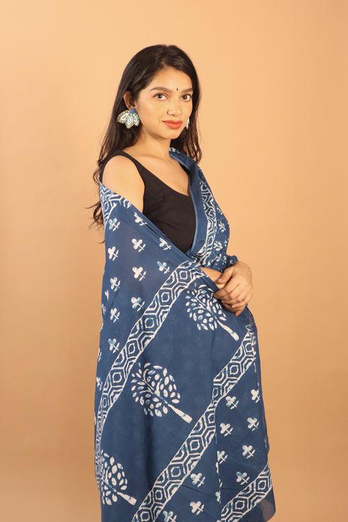 Block Printed Blue Butti Cotton Saree