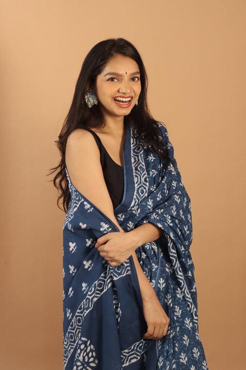 Block Printed Blue Butti Cotton Saree