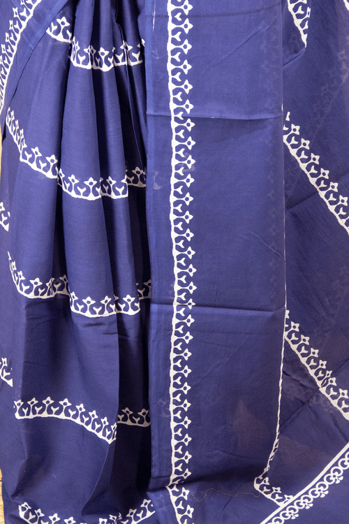 Block Printed Blue Stripe Cotton Saree