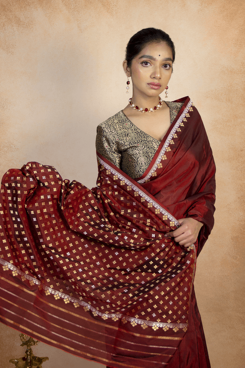 Handwoven Maroon Geometric Katan Silk Banarasi Saree