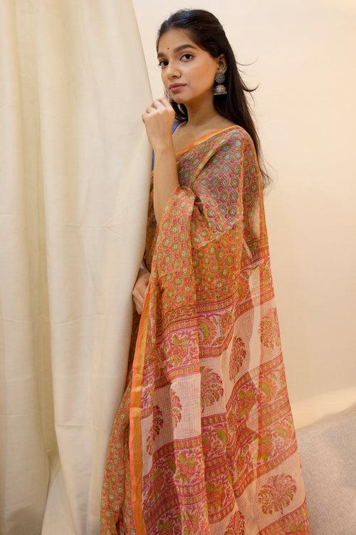 Block Printed Orange Kota Doria Saree