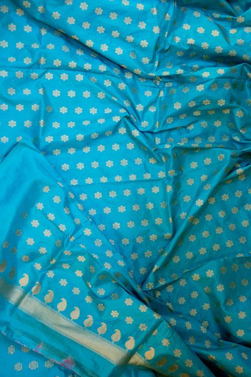 Handwoven Sky Blue-Pink Katan Silk Banarasi Suit Piece