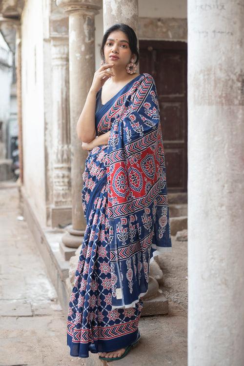 Block Printed Blue-Red Cotton Saree