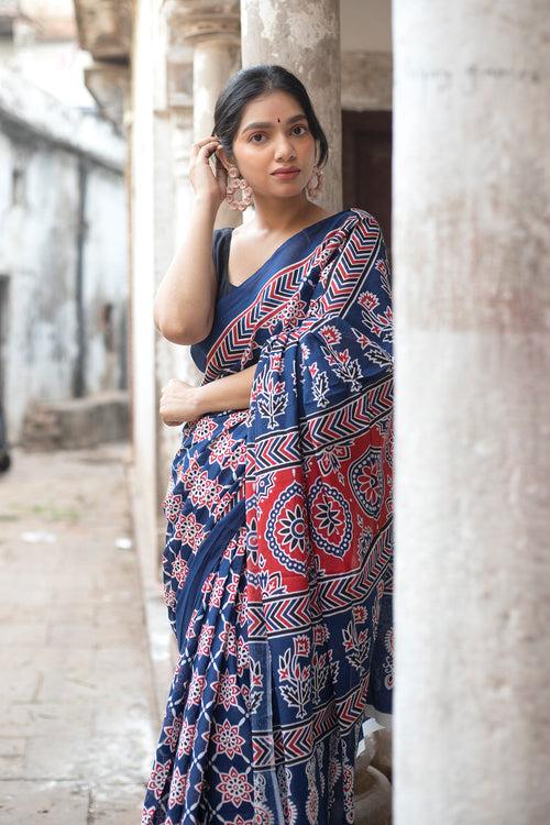 Block Printed Blue-Red Cotton Saree