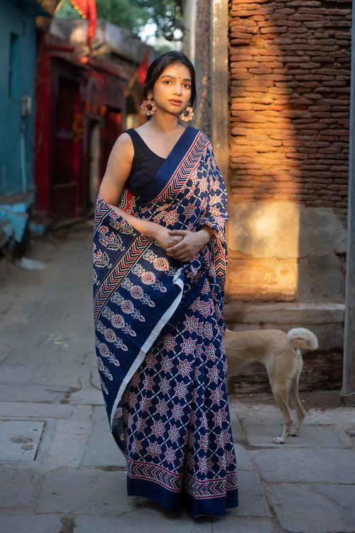 Block Printed Blue-Red Cotton Saree