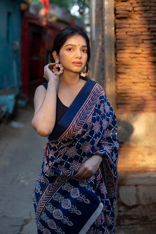 Block Printed Blue-Red Cotton Saree