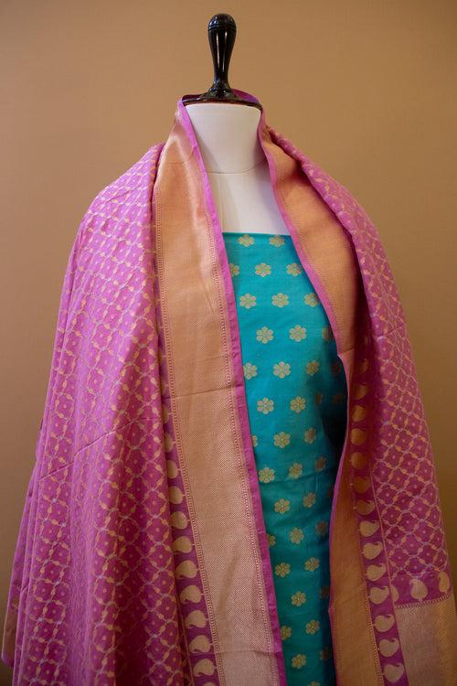 Handwoven Sky Blue-Pink Katan Silk Banarasi Suit Piece