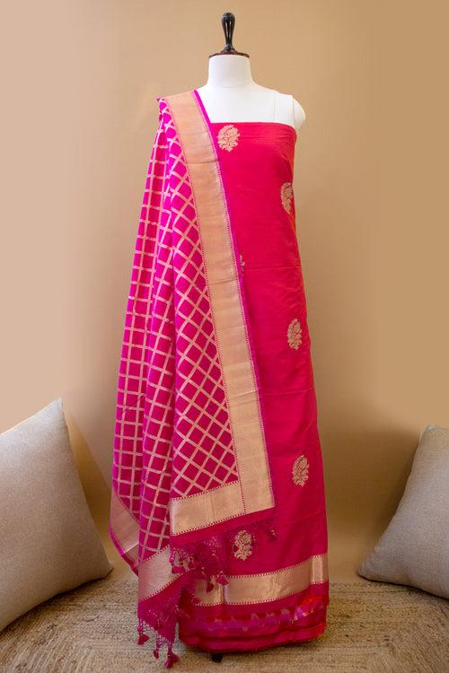 Handwoven Deep Pink Pure Katan Silk Banarasi Suit Piece