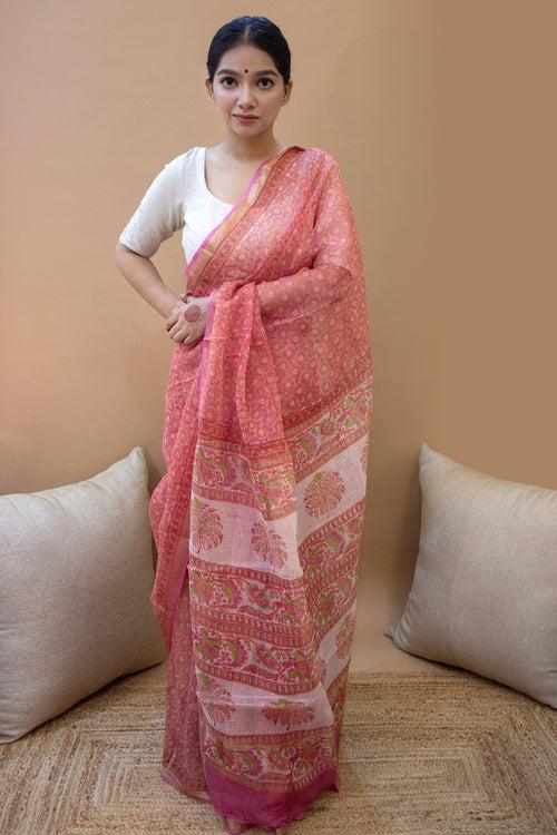 Block Printed Pink Kota Doria Saree