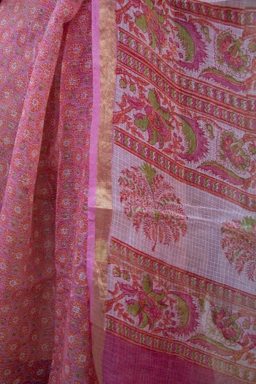 Block Printed Pink Kota Doria Saree