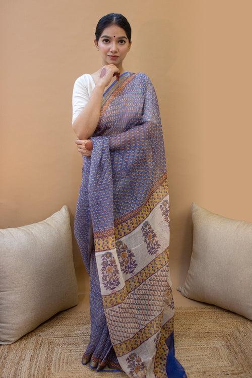 Block Printed Blue-Yellow Kota Doria Saree