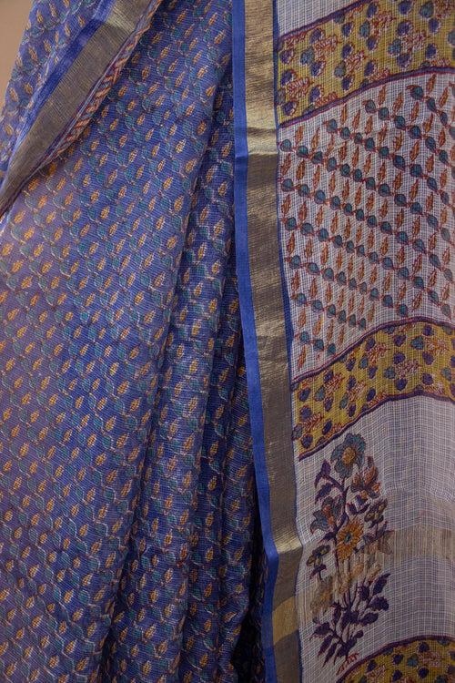 Block Printed Blue-Yellow Kota Doria Saree