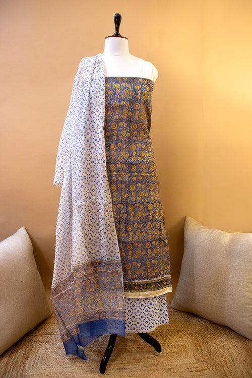 Block Printed Blue-yellow Chanderi Suit Piece