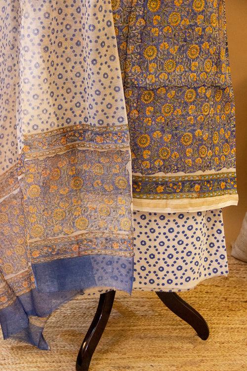 Block Printed Blue-yellow Chanderi Suit Piece