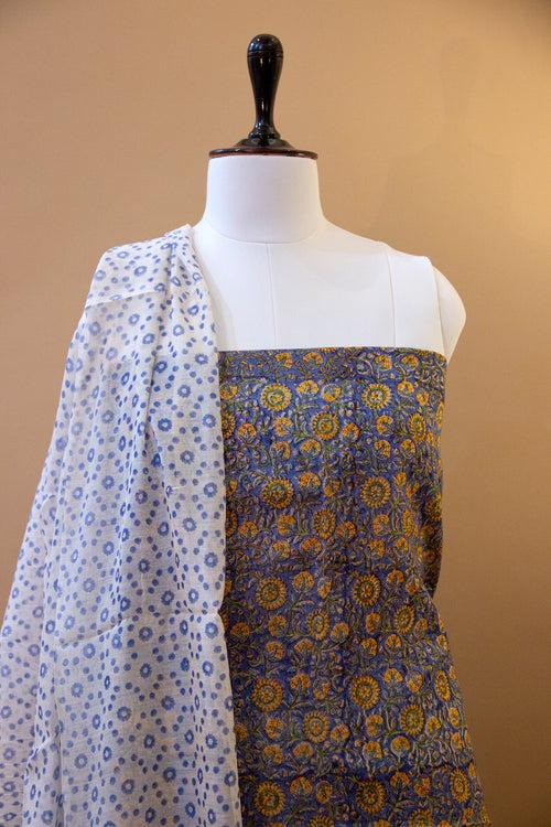 Block Printed Blue-yellow Chanderi Suit Piece