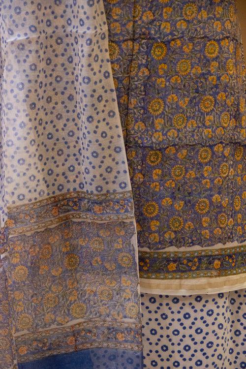 Block Printed Blue-yellow Chanderi Suit Piece