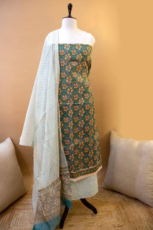 Block Printed Green Chanderi Suit Piece