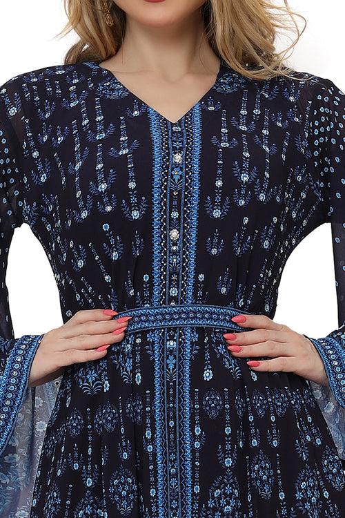 Deep Blue Kaftan Digital Printed Evening Gown