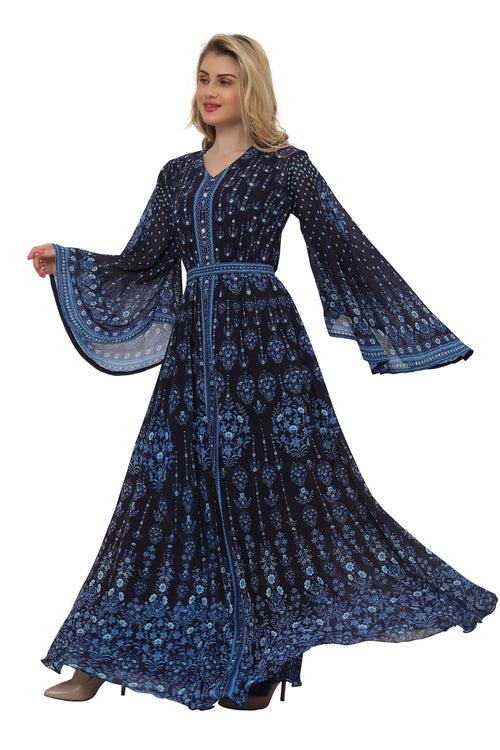 Deep Blue Kaftan Digital Printed Evening Gown