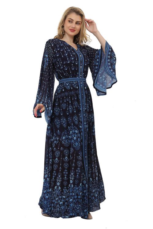 Deep Blue Kaftan Digital Printed Evening Gown