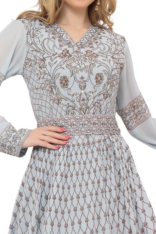 Grey Digital Print Kaftan Henna Party Dress with Crystals