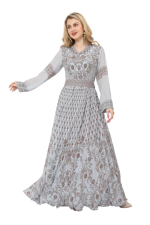 Grey Digital Print Kaftan Henna Party Dress with Crystals