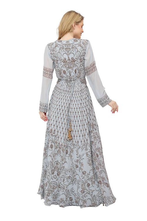 Grey Digital Print Kaftan Henna Party Dress with Crystals