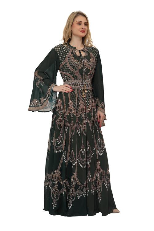 Henna Green Ball Gown Printed Takchita Party Maxi