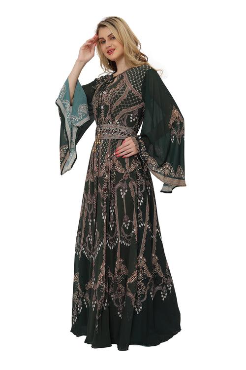 Henna Green Ball Gown Printed Takchita Party Maxi